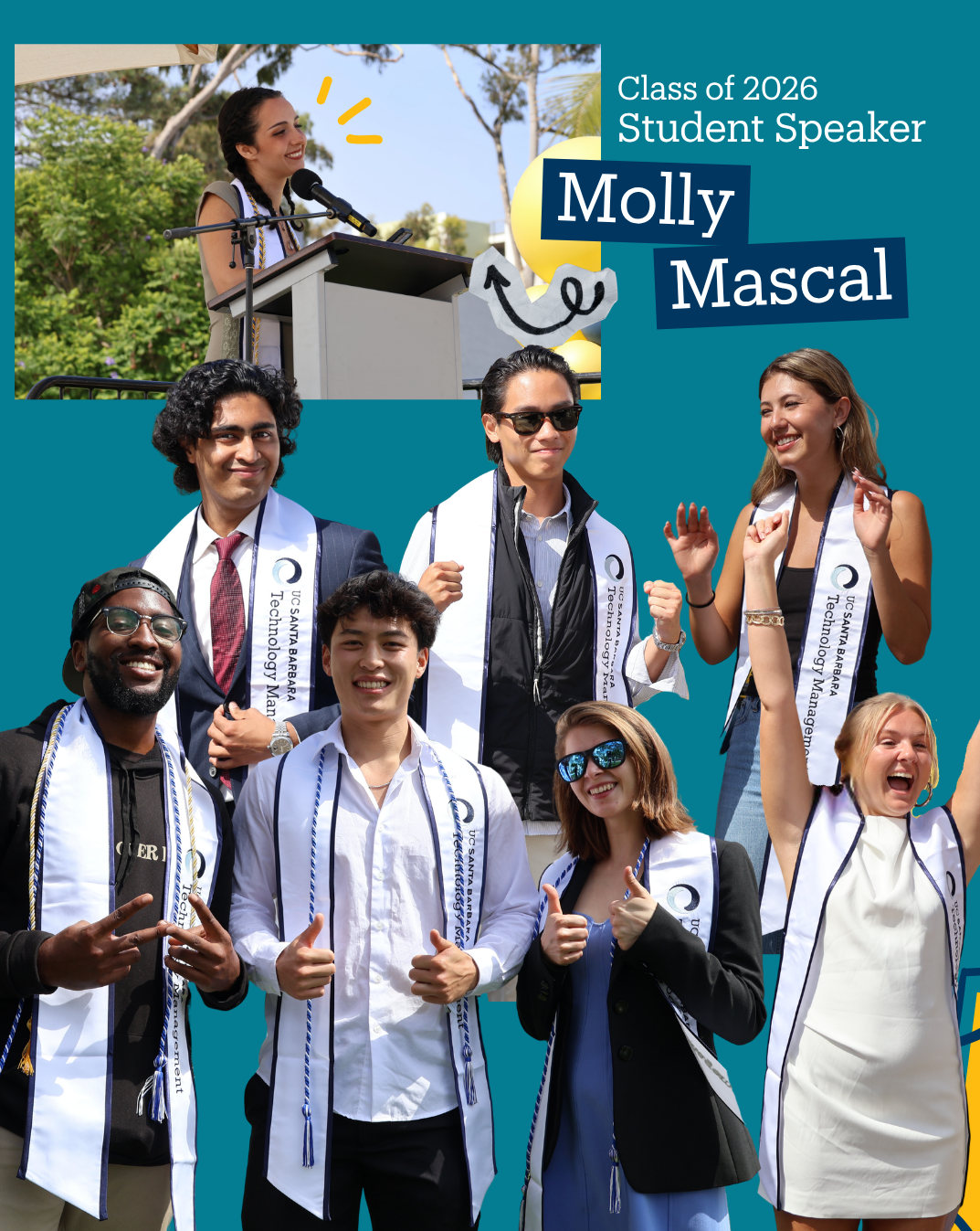 Photos of TM students at graduation in stolls and smiling