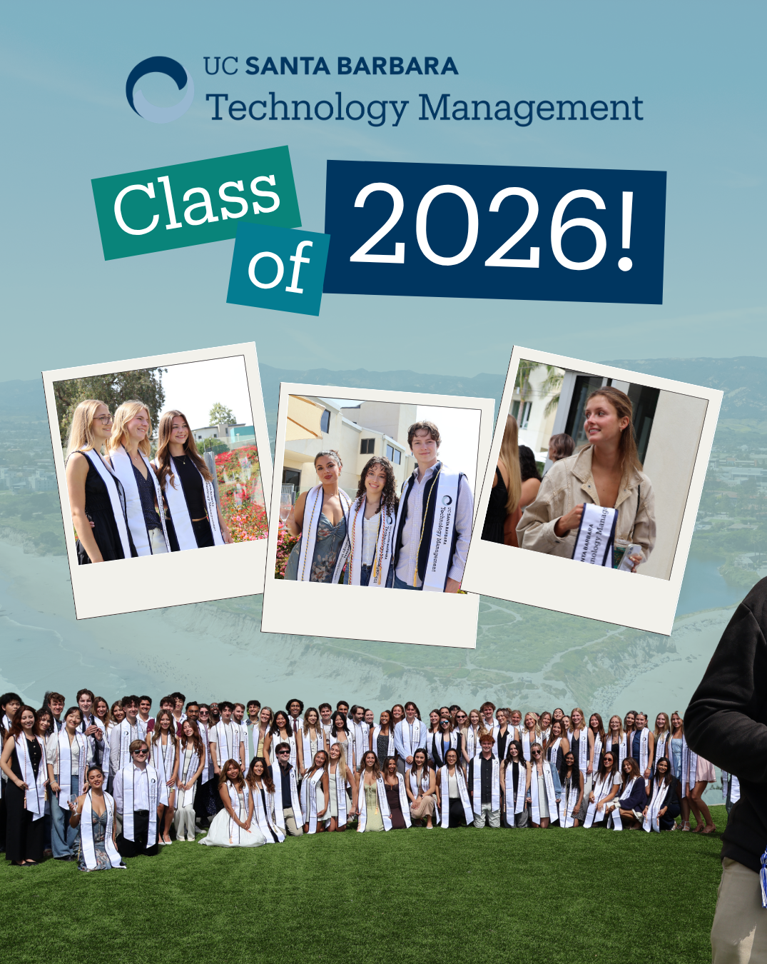A graphic showing a group of TM students at graduation