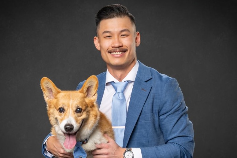 A headshot of Andy Quach and corgi Butters Quach
