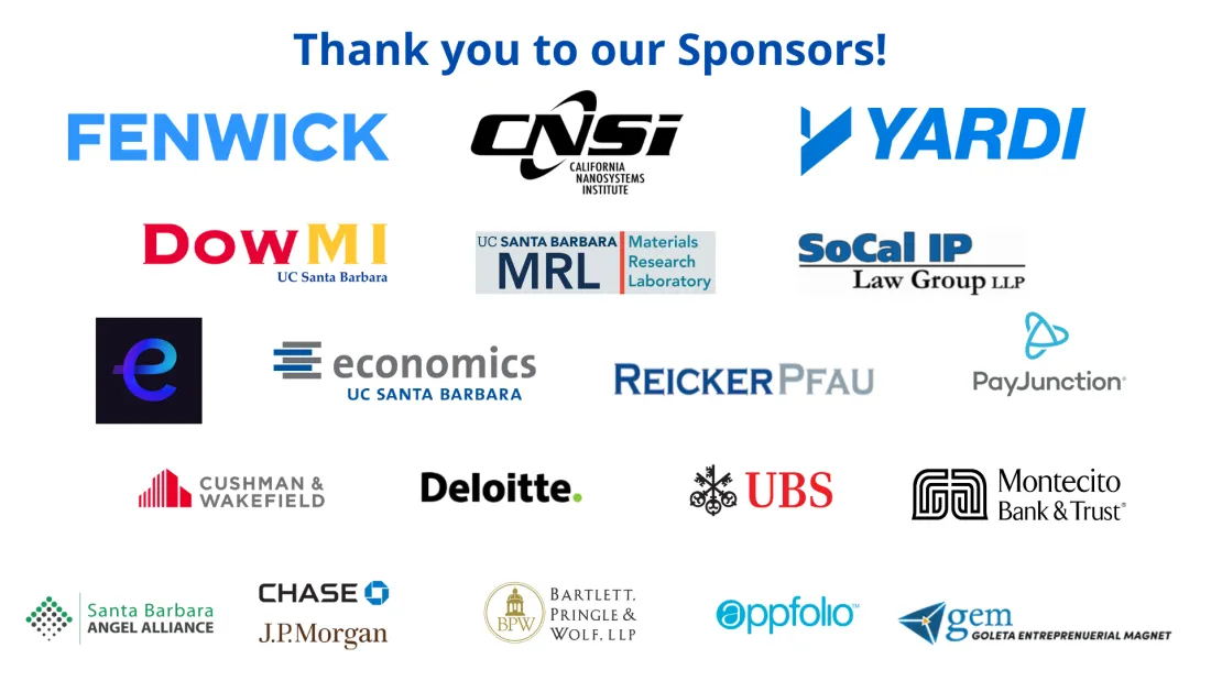 Fenwick, CNSI, Yardi, Dow MI at UCSB, UC Santa Barbara Materials Research Lab (MRL), SoCal IP Law Group LLP, Entrada Ventures, Economics at UC Santa Barbara, Reicker Pfau, PayJunction, Cushman and Wakefield, Deloitte, UBS, Montecito Bank and Trust, Santa Barbara Angel Alliance, Chase JP Morgan, Bartlett Pringle and Wolf LLP, appfolio, gem goleta entrepreneurial magnet