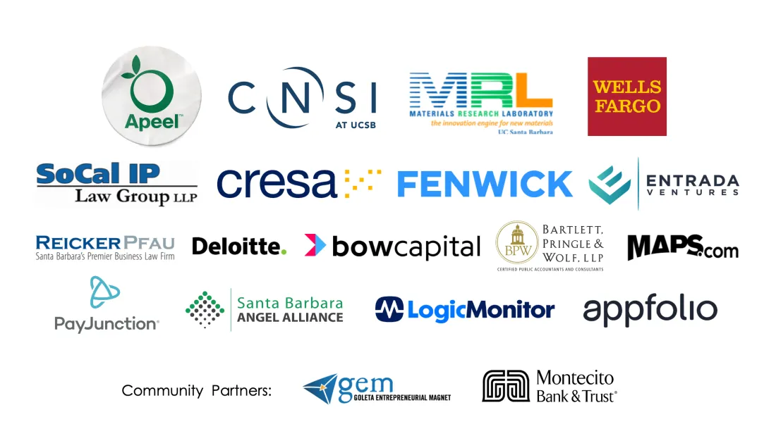 New Venture Program sponsors include Apeel, CNSI at UCSB, Materials Research Lab at UCSB, Wells Fargo, SoCal IP Law Group, cresa, Fenwick, Entrada Ventures, Reicker Pfau Law Firm, Deloitte, Bow Capital, Bartlett Pringle and Wolf, Maps.com, PayJunction, Santa Barbara Angel Alliance, LogicMonitor, appfolio, Gem Goleta Entrepreneurial Magnet, and Montecito Bank & Trust.