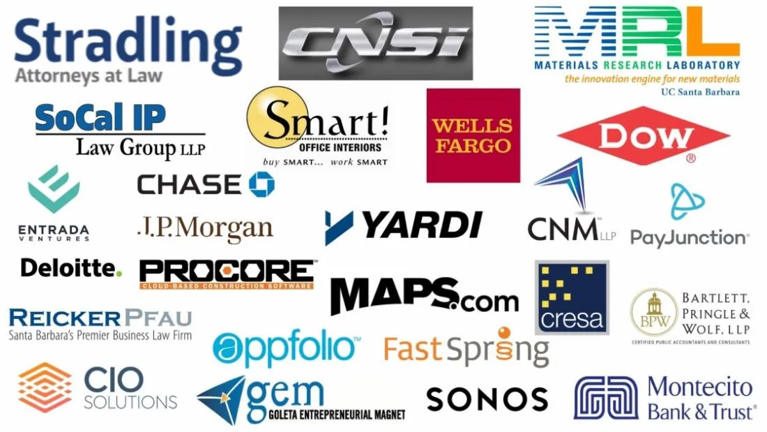 New Venture Program sponsors including, Stradling, Attorneys at Law, CNSI, MRL Materials Research Laboratory, SoCal IP Law Group, LLP, Smart! Office Interiors, Wells Fargo Bank, Dow, Entrada Ventures, Chase Bank, JP Morgan, Yardi, CNM LLP, PayJunction, Deloitte, Procore Cloud-based Construction Software, Maps.com, Cresa, Bartlett, Pringle & Wolf, LLP, Reicker Pfau Law Firm, appfolio, FastSpring, CIO Solutions, gem Goleta Entrepreneurial Magnet, Sonos, and Montecito Bank & Trust.