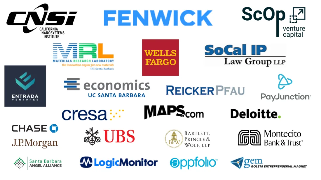 New Venture Program sponsors include CNSI at UCSB, Materials Research Lab at UCSB, Wells Fargo, ScOp, CSoCal IP Law Group, cresa, Fenwick, Entrada Ventures, Reicker Pfau Law Firm, Deloitte, Bartlett Pringle and Wolf, Maps.com, PayJunction, Santa Barbara Angel Alliance, LogicMonitor, appfolio, Gem Goleta Entrepreneurial Magnet, Montecito Bank & Trust, Economics at UCSB, JP Morgan, Chase.