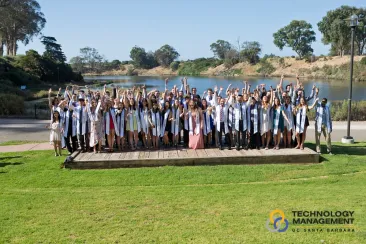 Technology Management Certificate (TMC) and Graduate Program in Management Practice (GPMP) recipients gather on the Lagoon grass for group photos before the TMP Certificate Ceremony.    
