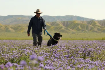 tim waslking his dog in a field of purple flowers
