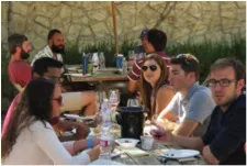 the MTM students sit down for lunch at an outdoor restaurant