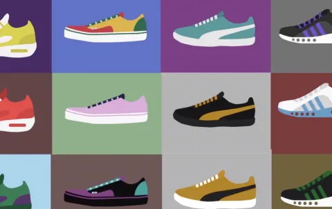 graphic image of different colored shoes in squares that are also different colors