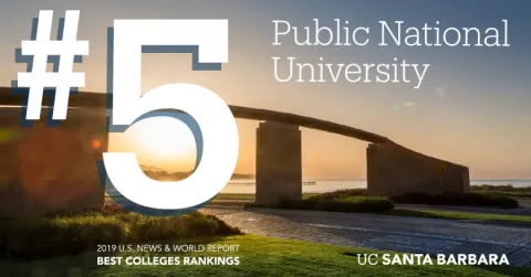 backdrop of the UCSB henley gate with the text overlay "5th public national university"